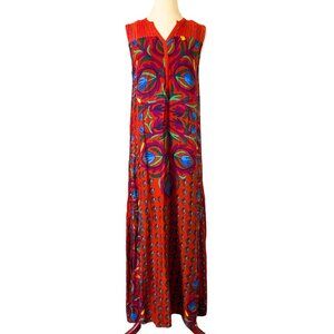 Boho Inspired Orange A-Line Maxi Dress with Abstract Floral Print Size Small